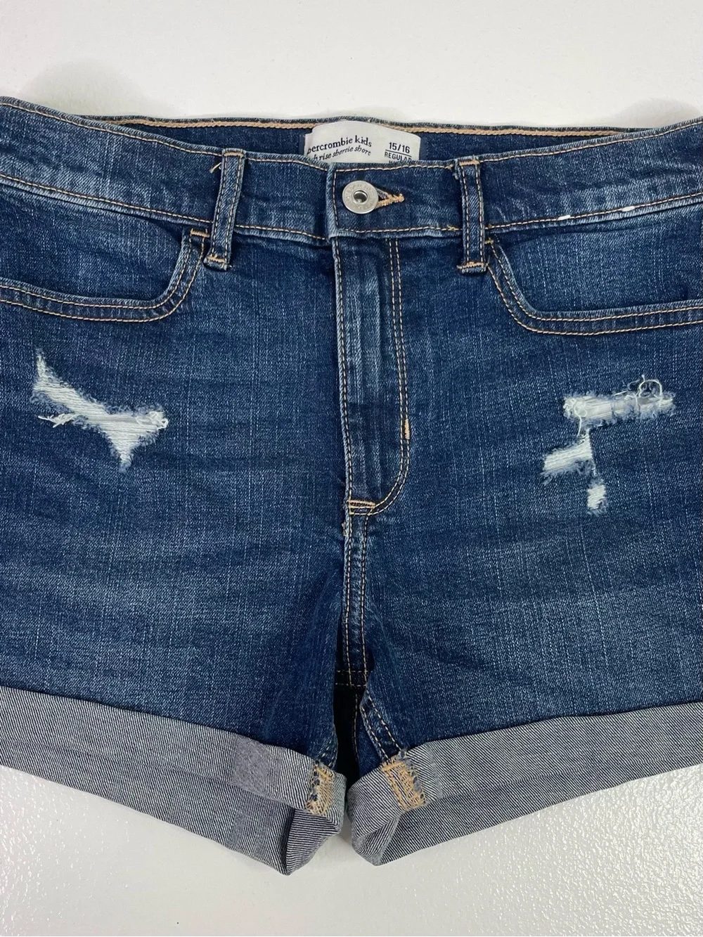 Abercrombie Kids High Rise Shortie Short Size 15/16 Dark Wash Distressed Cuffed